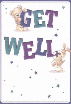 Radiating warmth and playful encouragement, this illustrated get well card feels like a breath of fresh air in New Addington life. A snuggly bear clings affectionately to the top of a bold, confident 'GET,' as a lively puppy energetically nuzzles the word 'WELL' below. Both animals, drawn with expressive faces and softly textured fur, exude genuine love and the promise of brighter days. The cool, deep purples and teals that colour the text create striking contrast against a crisp white background, reminiscent of the clear light often streaming through New Addington High Street's florists' windows. Scattered clusters of starbursts in blues and lilacs evoke the magic of recovery and the heartfelt wishes we send with every bouquet. Each detail-from the tilt of a paw to the playful arch of a star-is arranged with the same careful attention I give when shaping floral comforts for neighbours in Field Way or outside Addington Gardens. In this card, innocence and reassurance intertwine, offering a visual touchpoint of hope and care, ideal for cheering up someone recovering at the Princess Royal University Hospital or resting at home nearby.