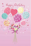 A whimsical birthday illustration shows a floating bouquet that looks as if it could drift softly over New Addington's quiet streets, carrying wishes with it. The scene is set against a gentle pink backdrop, warm and inviting, where pastel balloons in rose, sea green, lavender, and pale yellow gather together like a small sky of celebration. Each balloon has its own character: some are wrapped with candy-striped ribbons, others are sprinkled with playful polka dots, and a few carry delicate swirls and tiny floral motifs. Near the centre, a softly rounded heart-shaped balloon glows with a tender warmth, suggesting love at the heart of the occasion. Below, a petite bouquet of fresh blooms anchors the design, as though the balloons are lifting the flowers into the air. Clusters of blush and ivory roses, along with daisy-like and anemone-style blossoms in gentle mauve, sit closely together, their petals looking feathery and soft to the touch. The imagined scent is light and sweet, like walking past a neighbour's front garden after a delivery of fresh birthday flowers. A violet satin bow ties the stems neatly, catching the same soft light that glides over the balloon surfaces and glints off the delicate details. Tiny butterflies and scattered star shapes dance around the arrangement, giving the artwork a touch of fairy-tale charm, as if the bouquet had just floated up from a birthday party in a New Addington home. The whole composition feels airy, joyous, and lovingly crafted, capturing that bright, unforgettable moment when someone realises their special day has truly been remembered.